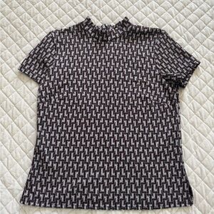 Burgundy, Black, & White Geometric Short-Sleeve Mock Neck Top